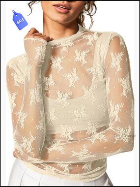 Sheer Mesh Long Sleeve Tee See Through Lace Blouse Clubwear Crop Top